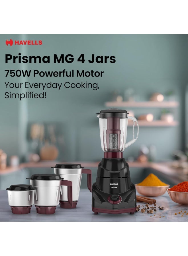 هافلز Havells Prisma 750 W 4 Jar Mixer Grinder| 3 Speed With Pulse Function| Air Vent Technology| Stainless Steel Blades| Wider Mouth Jars| Overload Protecton| 2-Year Product Warranty (Black) - Image 3